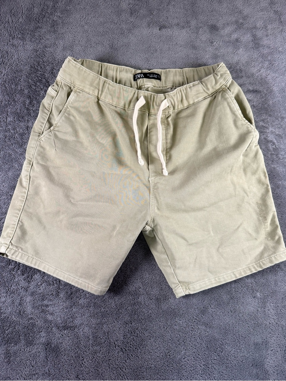 ZARA Men's khaki Cotton Blend Chino Shorts, Drawstring Waist, Pockets